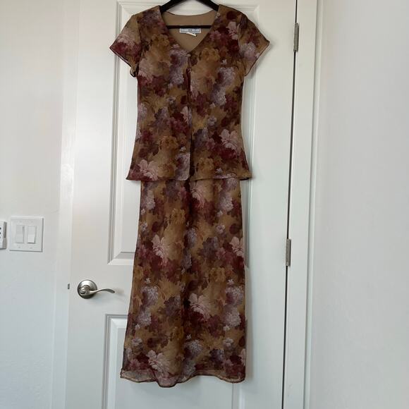 Jessica Howard Petite Floral Chiffon Midi Dress Brown Purple Overlay 90s‎ Mom - Picture 4 of 13